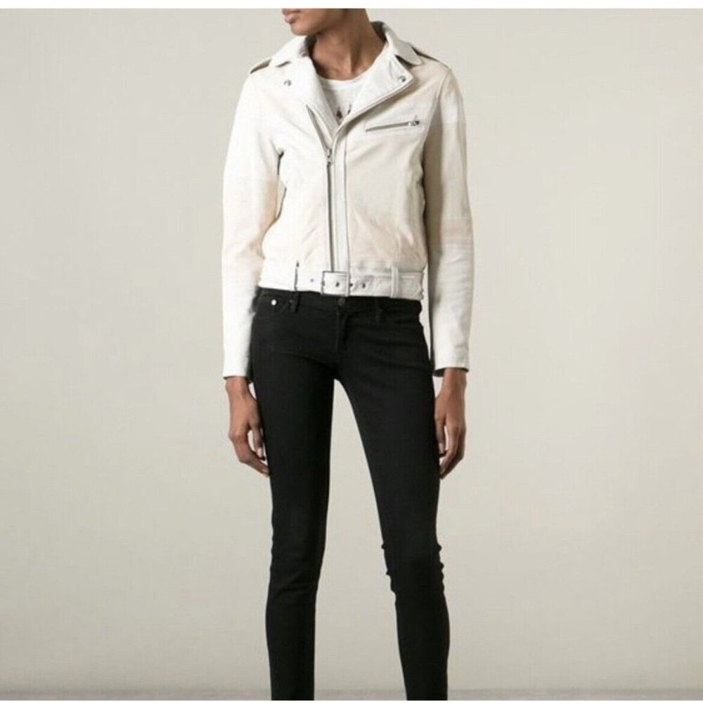 IRO “Witney ” Leather Biker‎ Cropped Jacket Sz 34 XSmall Ivory Peach Patchwork